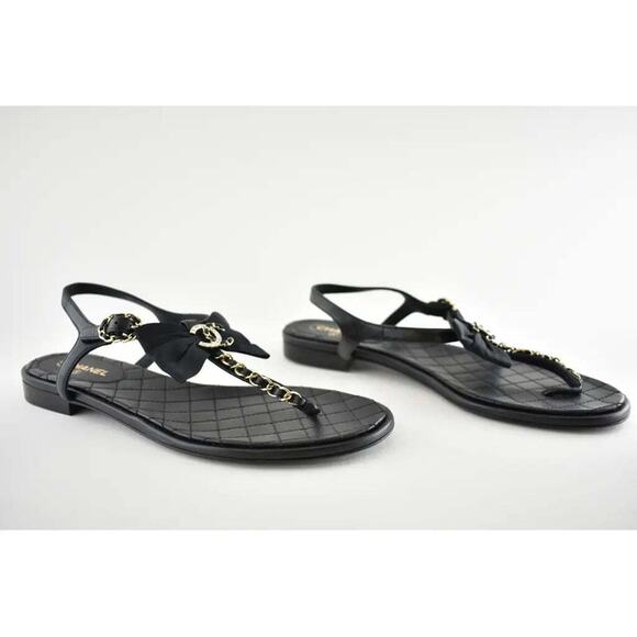 Chanel 20A Black Crystal Bow Lambskin CC Logo Mule Slide Flat Thong Sandal 39.5 - Picture 4 of 12